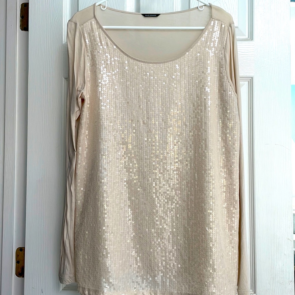 CLUB MONACO sequins long sleeve cream ivory crewneck top women’s size Large